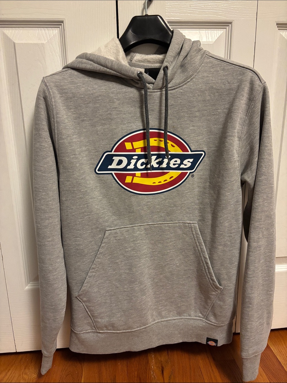 Dickies Men's Light Gray Logo Crewneck Hoodie with Red & Yellow Emblem